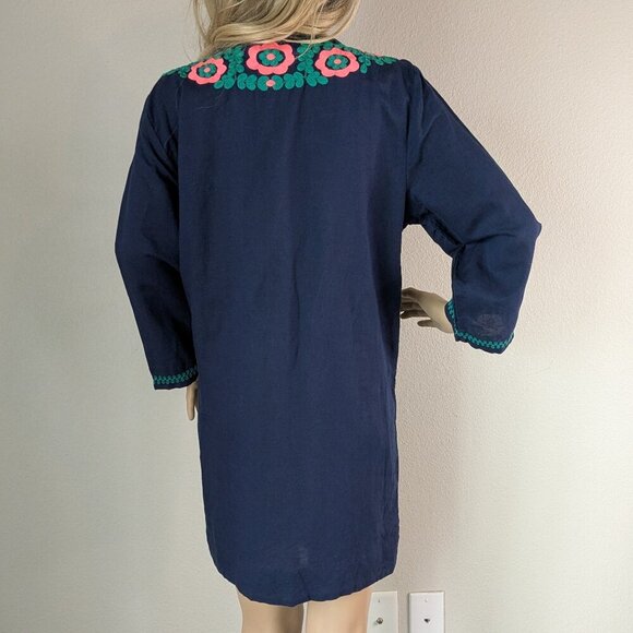 J. Crew Dress Large Blue Embroidered Beach Tunic Cover-up Tassels Linen-Blend - Picture 4 of 16